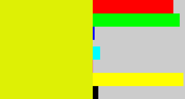 Hex color #def005 - neon yellow