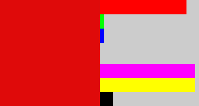 Hex color #df0a0a - red