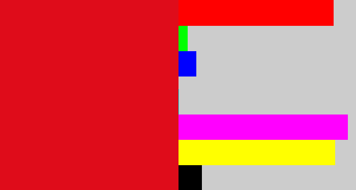 Hex color #df0c1a - red