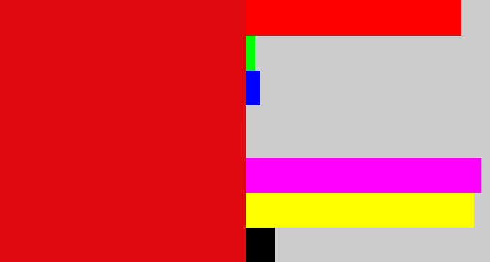 Hex color #e0090f - red