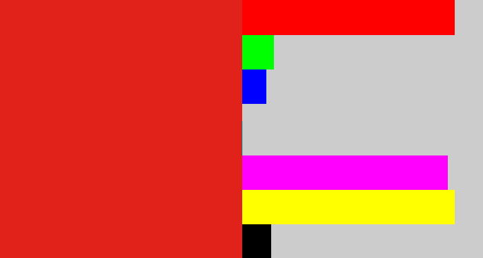 Hex color #e0221a - vermillion