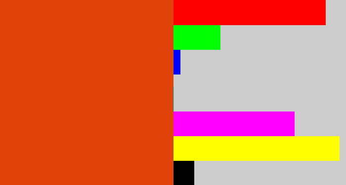 Hex color #e0440a - deep orange