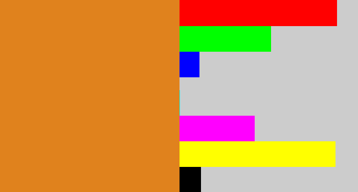 Hex color #e0821d - brownish orange