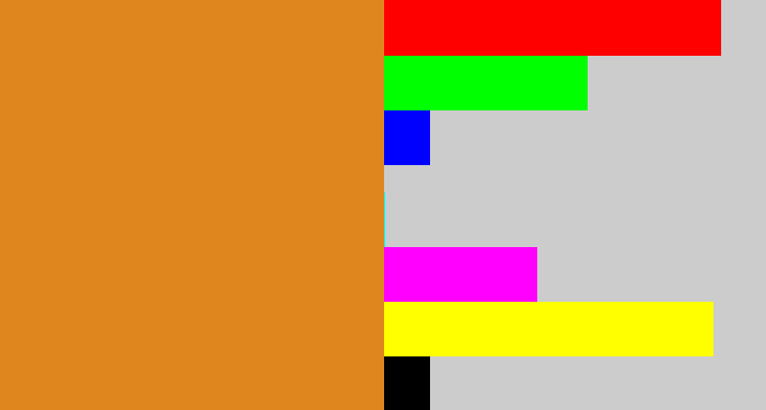 Hex color #e0861f - brownish orange
