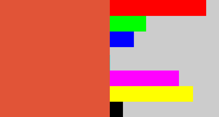 Hex color #e15437 - pale red