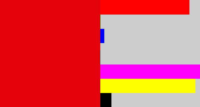 Hex color #e3010b - red