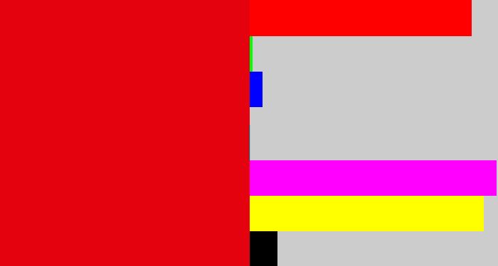 Hex color #e3020e - red