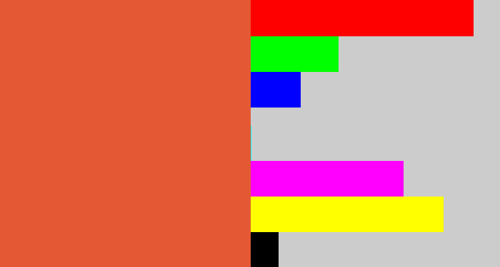 Hex color #e45934 - pale red