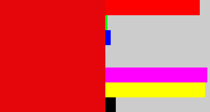 Hex color #e5060c - red