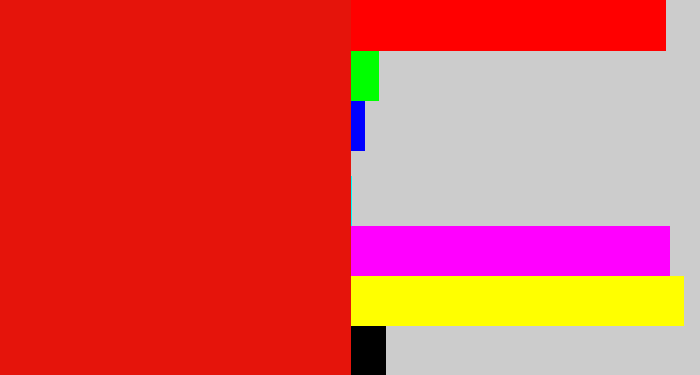 Hex color #e5140b - red