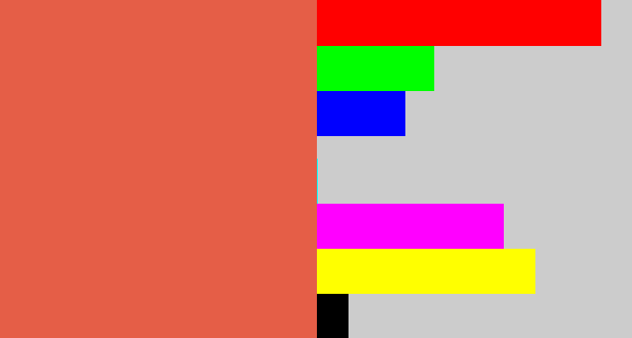 Hex color #e55e47 - pale red