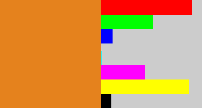 Hex color #e5821d - brownish orange