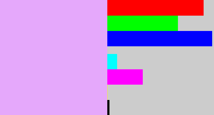 Hex color #e5a8fb - light violet
