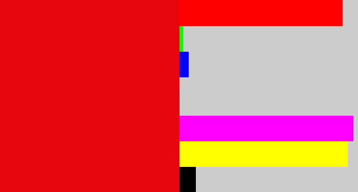 Hex color #e7060e - red