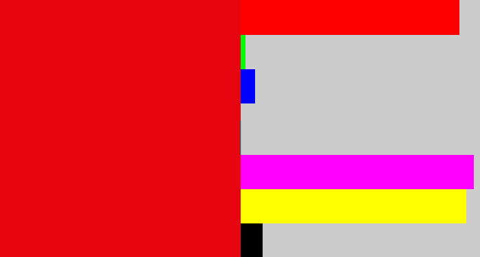 Hex color #e7060f - red