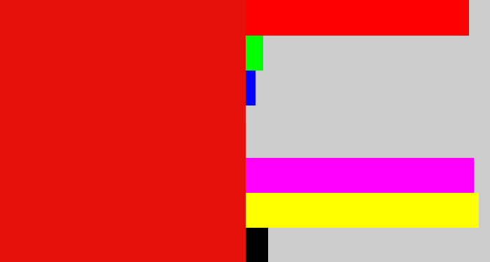 Hex color #e7110b - red
