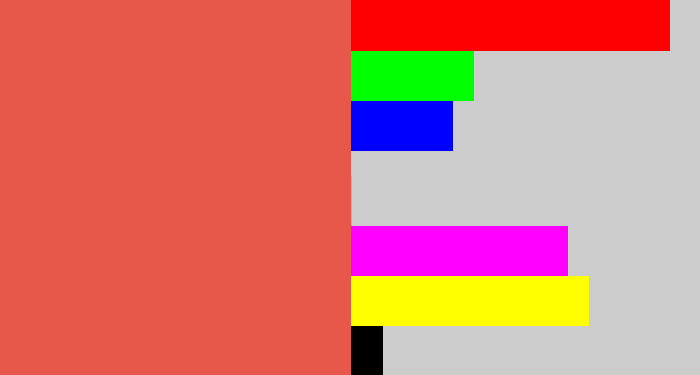 Hex color #e7584a - pale red