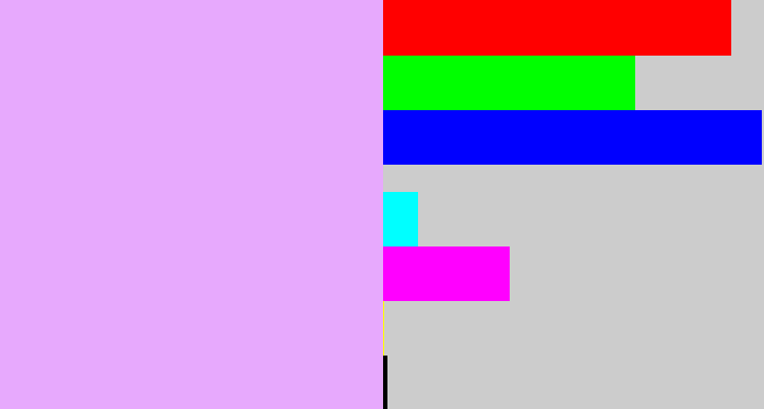 Hex color #e7a9fd - light violet