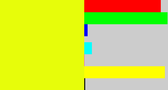 Hex color #e7fd0a - neon yellow