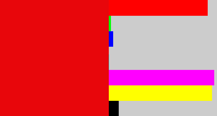 Hex color #e8060b - red