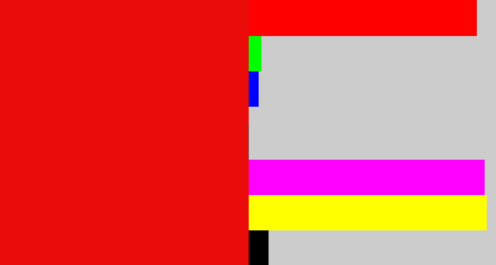 Hex color #eb0c0a - red