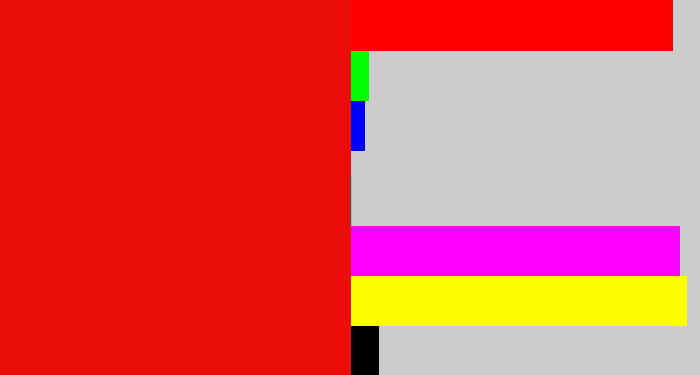 Hex color #eb0d0a - red