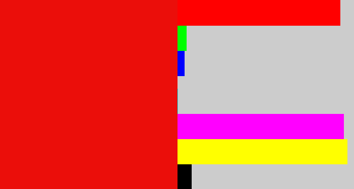 Hex color #eb0e0a - red