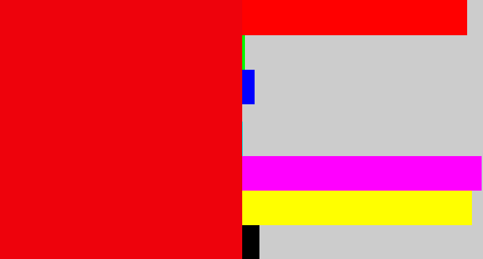 Hex color #ee020c - red