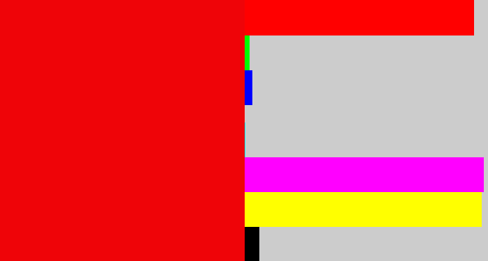 Hex color #ef0408 - red