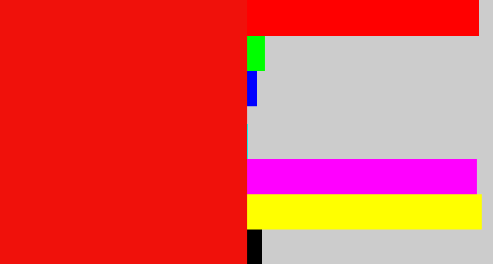 Hex color #f0110b - bright red