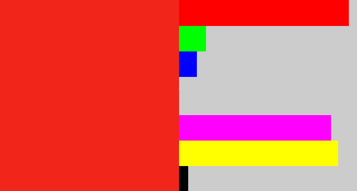 Hex color #f1251a - vermillion