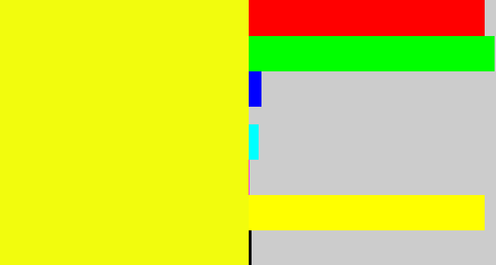 Hex color #f2fc0d - yellow