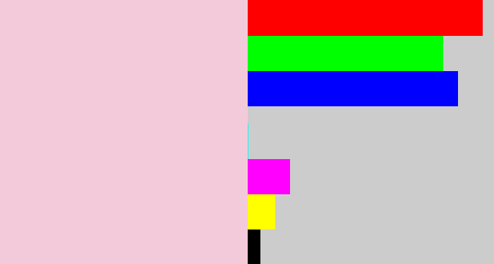 Hex color #f3cad9 - pale pink