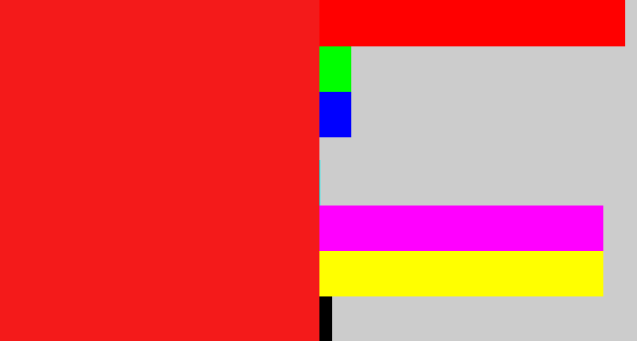 Hex color #f41a1a - vermillion
