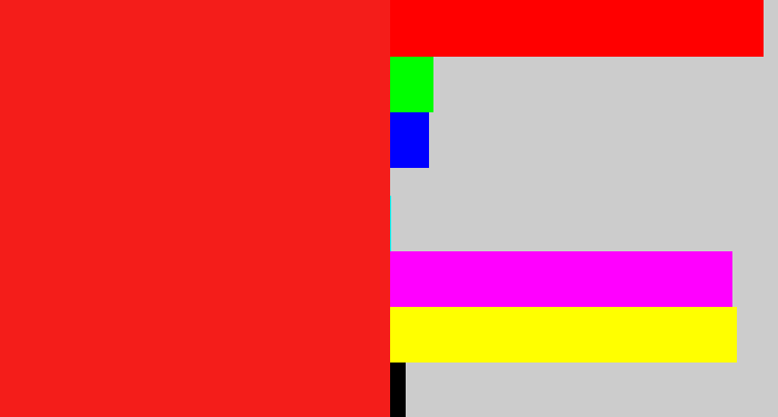 Hex color #f41d1a - vermillion