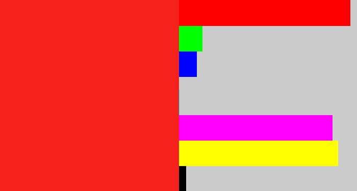 Hex color #f4221a - vermillion