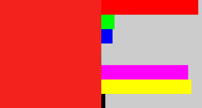 Hex color #f4221c - vermillion