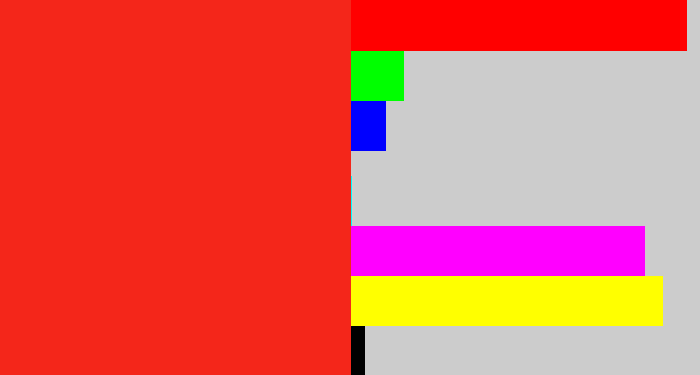 Hex color #f4261a - vermillion