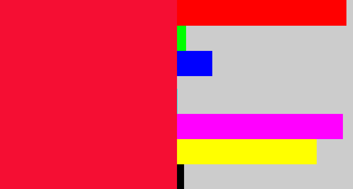 Hex color #f50e33 - neon red