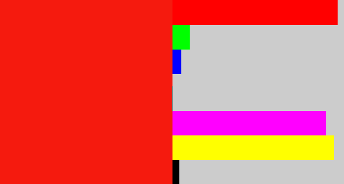 Hex color #f51a0e - vermillion