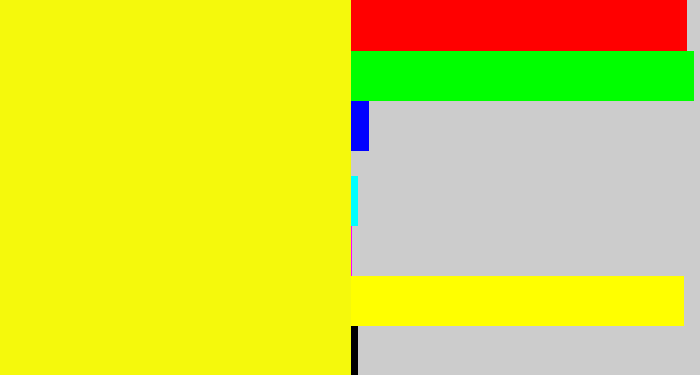 Hex color #f5f90c - yellow
