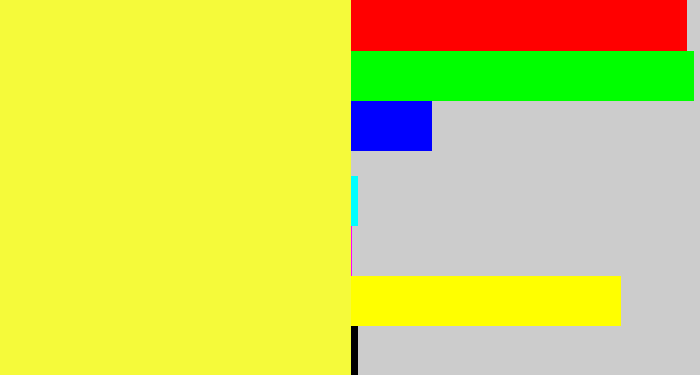 Hex color #f5fa3a - off yellow