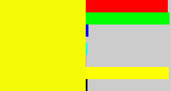 Hex color #f5fb07 - bright yellow