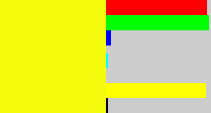 Hex color #f5fb0c - yellow