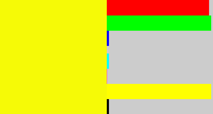 Hex color #f6fa06 - bright yellow