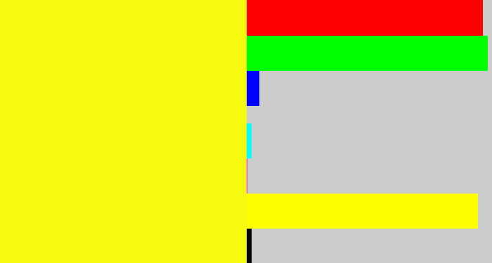 Hex color #f6fa0e - yellow