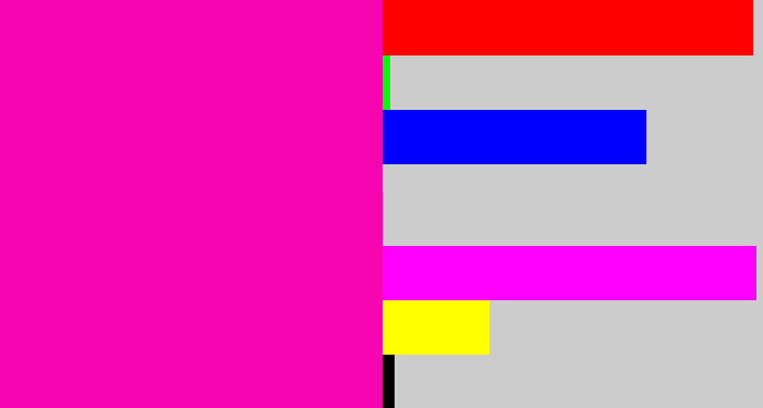 Hex color #f705b1 - bright pink