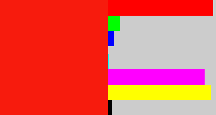 Hex color #f71b0d - vermillion