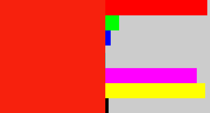 Hex color #f7210d - vermillion
