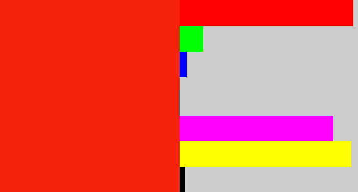 Hex color #f7220a - vermillion